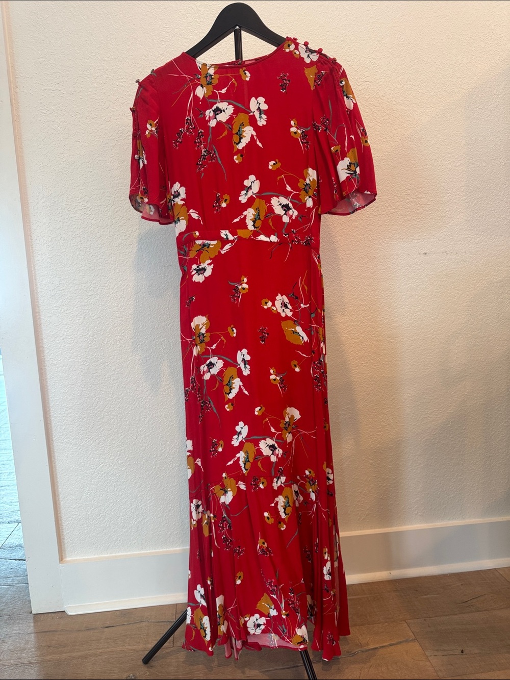 Massimo Dutti Red Floral Maxi Dress with Puff Sleeves